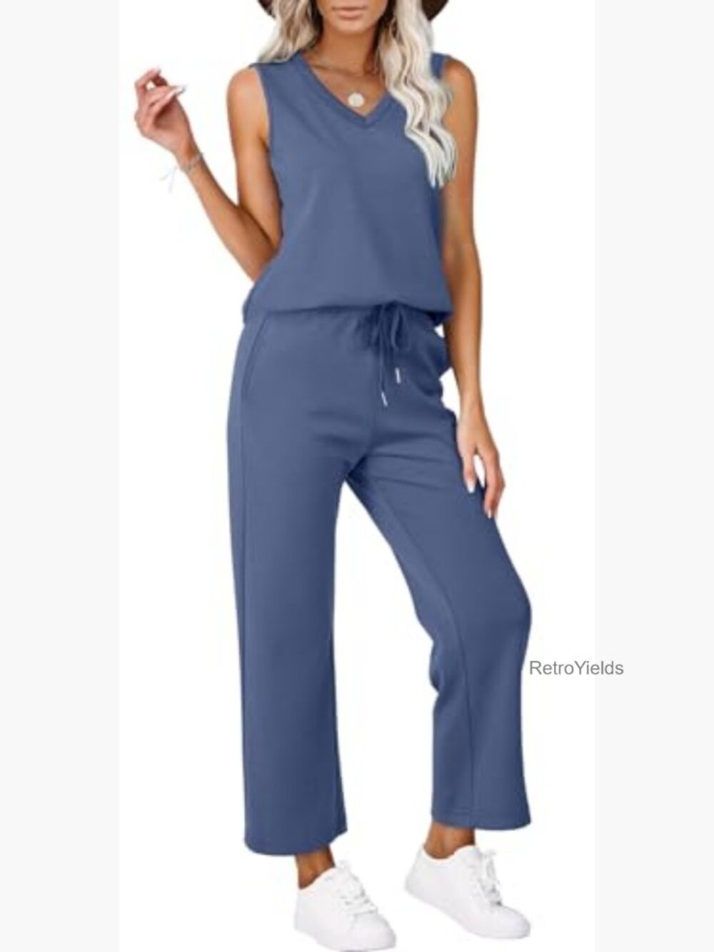 Two Piece Lounge Set - Summer V-Neck Matching Outfit - Picture 6 of 7